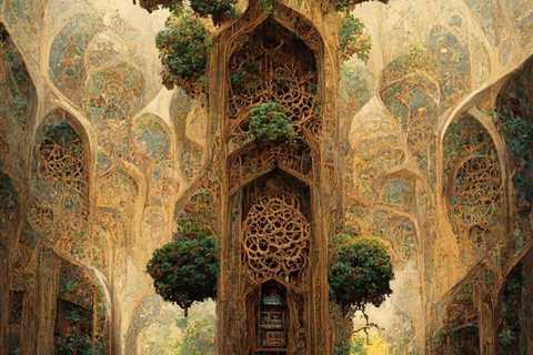 A.I The “MidJourney” Archives-Persian architecture merged with a grand tree in dense forest